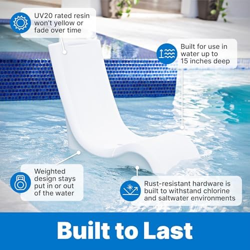 Step2 Vero Pool Chair, Fade-Resistant, Waterproof Patio Furniture for Sun Shelf, Use in Pools up to 15-Inches of Water, Weighted, 43"D x 23"W x 37"H, Resin, White - Image 6