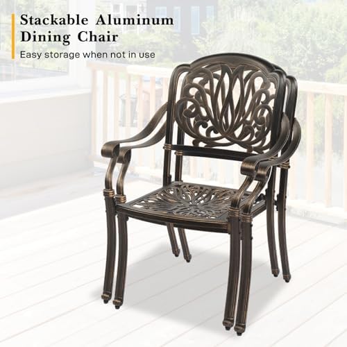 VINGLI 5-Piece Cast Aluminum Outdoor Patio Dining Set with 9ft Umbrella, Space-Saving Stackable Chairs & Table for Yard, Garden, Porch, Poolside, Square Table - Image 4