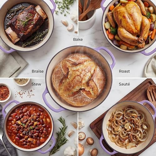Zulay Kitchen 6.4QT Enameled Cast Iron Dutch Oven Pot with Lid, Heavy-Duty Soup Pot for Stews, Braising, Roasting & Sourdough Bread Baking, Oven Safe up to 500°F - Lavender Jade - Image 3