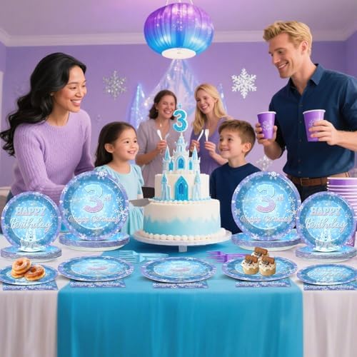 Snowflake Winter Wonderland 3rd Birthday Paper Plates Napkins Forks Disposable Dinnerware Happy 3rd Birthday Blue and Purple Winter Snowflake Tableware for Kids Christmas onderland Party Decorations - Image 5
