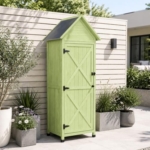 Narrow Outdoor Storage Cabinet, 67" Wooden Vertical Garden Tools Shed, Patio Storage Organizer with Latch & Waterproof Roof for Yard Deck Lawn Farmland Equipment(Green) - Image 2