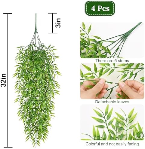 Waipfaru 4Pcs Artificial Hanging Plants, Fake Bamboo Leaves Vines - Image 2