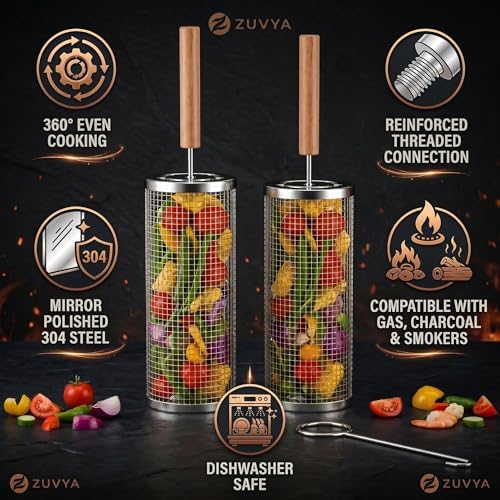 Rolling Grill Basket 2-Pack, 304 Stainless Steel Grilling Basket with Removable Wooden Handle, Nesting BBQ Baskets for Outdoor Grill, Vegetables Shrimp & Meat, Smoker Camping Accessories, BBQ Gifts for Men Dad - Image 4