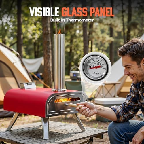 BIG HORN 16" Multi-Fuel Outdoor Pizza Oven – 2-in-1 Wood-Fired & Gas Compatible (Burner Sold Separately), 1112°F Outdoor Stainless Pizza Cooker, Portable for Party Usage, Red - Image 5