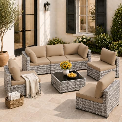 LOUVIXA 7 Piece Outdoor Patio Furniture Set, Outdoor Sectional Sofa, Wicker Rattan Patio Furniture, Patio Conversation Set with Coffee Table & Cushions by LOUVIXA