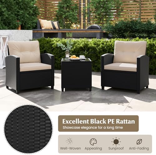 RELAX4LIFE 3-Piece Patio Furniture - Wicker Rattan Bistro Sofa Set w/Glass Top Coffee Table, Washable Cushions for Porch Balcony Backyard Poolside, Outdoor Conversation Set (Beige) - Image 5