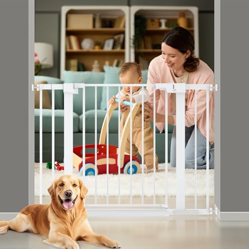 29-42 inches Metal Baby Gate for Stairs/Doorways, 30 inches Tall Pressure Mounted Pet Gates, Auto-Close Child Safety Gate, No Drilling Easy Walk-Through Dog Gate Indoor, White - Image 2