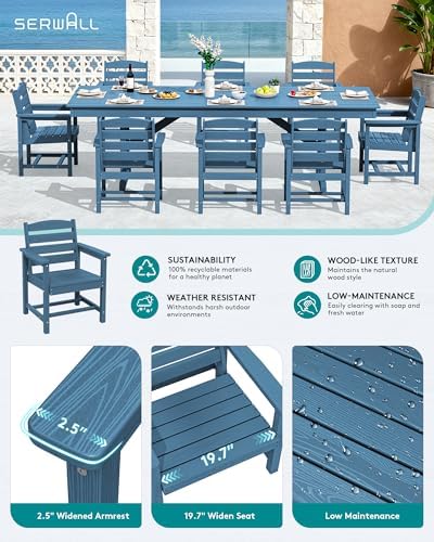 SERWALL 9Pcs 84" HDPE Outdoor Dining Set for 8 with Armchairs,Blue - Image 3