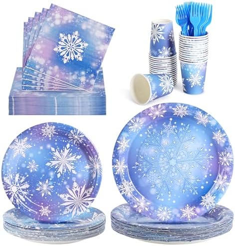 144 Pcs Frozen Tableware Set for 24 Guests, Heavy-Duty 7" & 9" Paper Plates, Cups, 2-Ply 13" Napkins & Plastic Forks, Disposable Winter Snowflake Party Supplies for Christmas Holiday Party by COSINIA