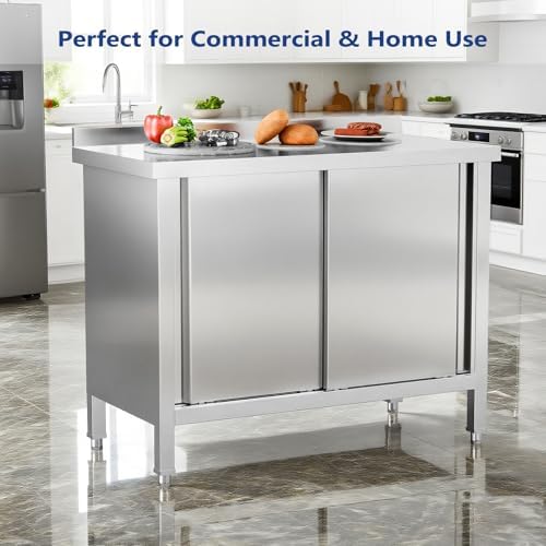 ROVSUN Stainless Steel Table with Cabinet 39" x 19",Commercial Pre Table with Backsplash, Heavy Duty with 2 Sliding Doors, Large Space Storage for Kitchen Restaurant Hotel Garage Warehouse - Image 2