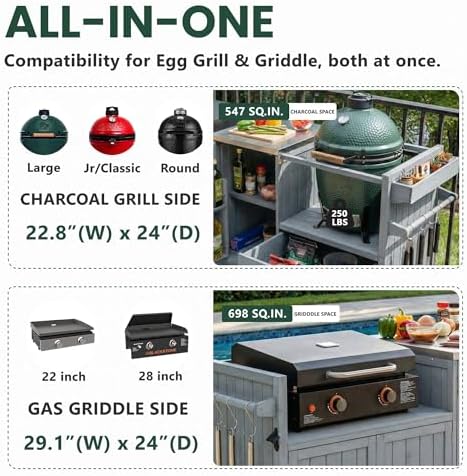 Merax 80.5" Outdoor Kitchen Island for Big Green Egg& Blackstone Griddle,Solid Wood Grill Cart Table with Stainless Steel Top,Drawer for Large Big Green Egg and 21"/28" Blackstone Griddle,Grey Blue - Image 6