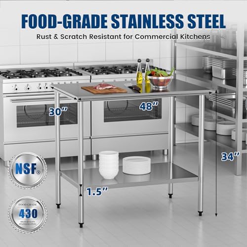 Stainless Steel Work Table 30 x 48 Inch with Adjustable Undershelf, Heavy-Duty Metal Prep Table for Commercial Kitchen & Restaurant, Garage, Outdoor - Image 3
