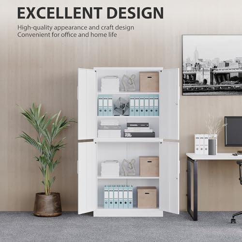 Metal Storage Cabinet with 3 Adjustable Shelves,White Storage Cabinet with Lock,71" Lockable Metal Cabinets with Locking Doors,Tall Steel Pantry Cabinets 4 Door for Home,Office,Garage,Bathroom,Kitchen - Image 5