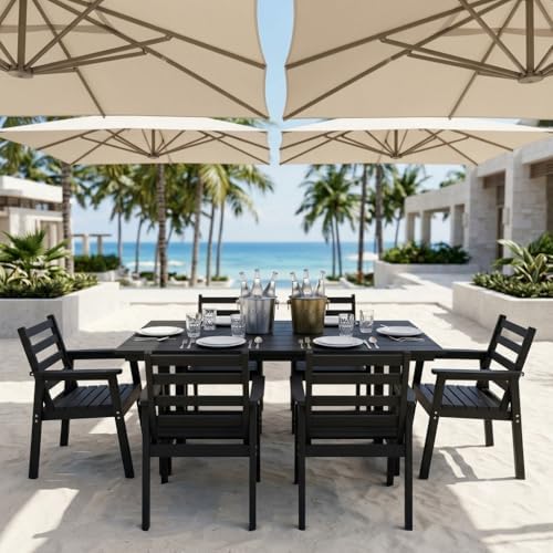 7-Piece Outdoor Dining Set, All-Weather HDPE Patio Furniture, 66.5" Slatted Table with 1.6" Umbrella Hole & 6 Ergonomic Armchairs, Heavy Duty 350lbs Capacity, UV Resistant, Black - Image 3