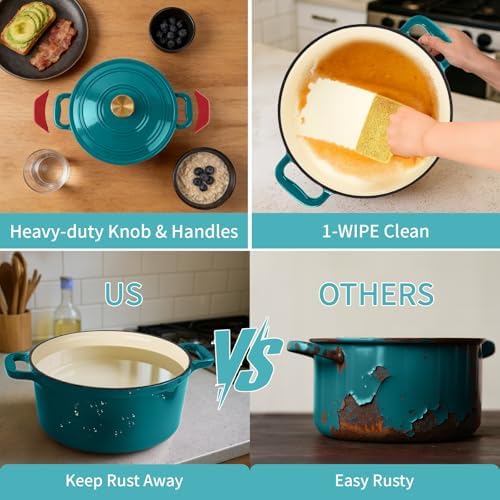Enameled Cast Iron Dutch Oven with Lid&Silicone Grip, Round Casserole Pot for Bread Baking, Braising, Roasting,Stews,Heavy-Duty Baking Pan,Oven Safe, Induction Compatible (4.7QT,Lagoon) - Image 6