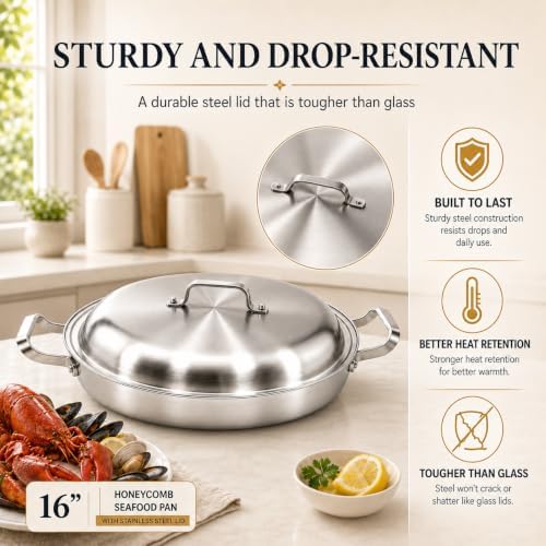DELARLO 16 Inch Stainless Steel Nonstick Paella Pan with Lid - Image 4