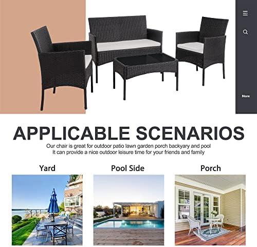 Shintenchi 4 Piece Outdoor Patio Furniture Sets, Small Wicker Patio Conversation Furniture Rattan Chair Set with Tempered Glass Coffee Table for Backyard Porch Garden Poolside Balcony,Black - Image 4