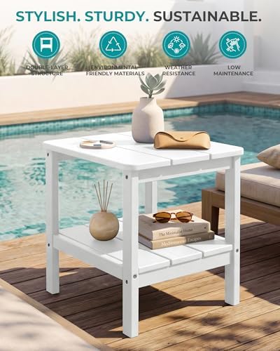 SERWALL Double Layer Adirondack Side Table with Umbrella Hole, HIPS Outdoor Side Table Rectangular End Tables for Patio, Poolside, Garden, White - Image 4