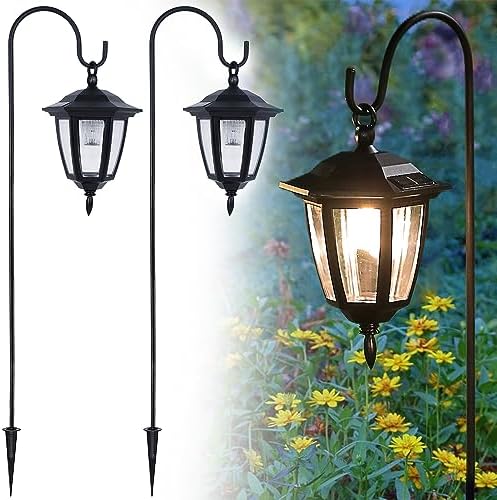 Dynaming 2 Pack Solar Hanging Lights Outdoor, Solar Powered Garden Decorative Lanterns with 2 x 38 Inch Shepherd Hooks, Waterproof Landscape Lighting for Lawn Patio Yard Pathway Driveway, Warm White by Dynaming