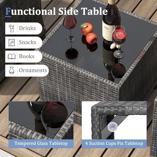 KOTEK 3 Piece Patio Furniture Set, Outdoor PE Rattan Conversation Set with Washable Cushions & Tempered Glass Tabletop, Wicker Chairs and Table Set for Porch, Garden, Balcony (Grey) - Image 5