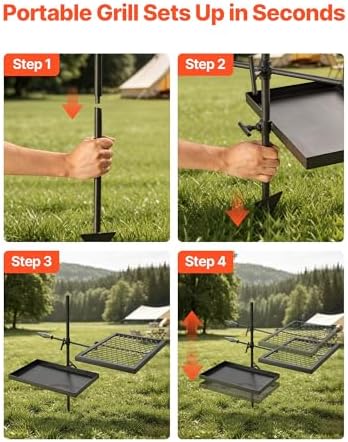 VEVOR Heavy Duty Swivel Campfire Grill, Double Layer Portable Camping Grill Grate & Griddle, Sturdy Steel BBQ Mesh, 360° Height Adjustable Over Fire Pit, for Outdoor Open Flame Cooking, Black - Image 6