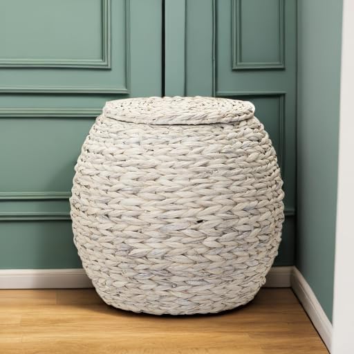 Household Essentials Handwoven Water Hyacinth Barrel Wicker Storage Basket Side Table, Cream Finish - Image 5