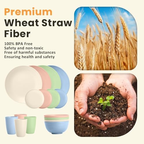 Homienly Premium Dinnerwave Sets, Lightweight & Unbreakable Wheat Straw Dish Set - Plates and Bowls Set with Cups, 16 PCS Microwave and Dishwasher Safe Dinnerware Set - Multi Light - Image 3