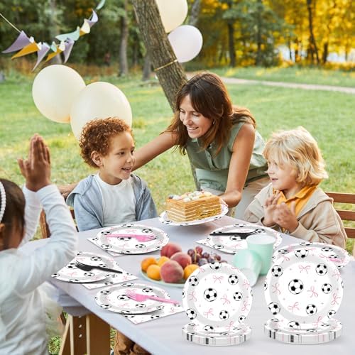 96PCS Soccer and Bow Party Paper Plates and Napkins for Sports Themed Party Dessert Cake Plates Disposable Decor Pink Bow Soccer Birthday Parties Set for Boys Girls Birthday Gatherings Decorations - Image 6