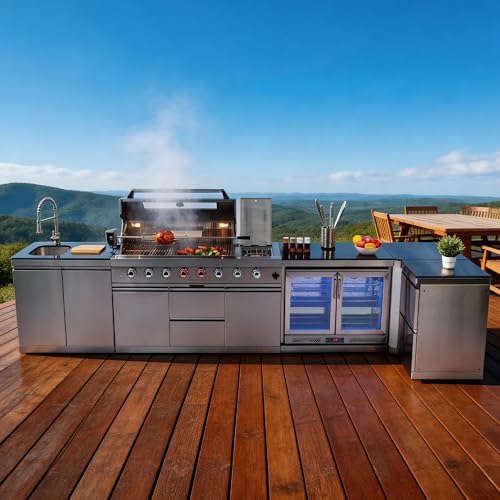 153-Inch 6-Burner Propane Gas Outdoor L-Shaped Island, 96000 BTU Grill 304 SS BBQ with 140L Wine Cooler, Rotisserie, Granite Countertops Storage Cabinets & Drawers, for Patio Backyard BBQ, Silver by Dvasovio
