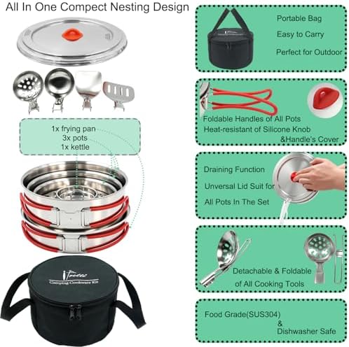 Foldable 18/8 Stainless Steel Camping Cookware 11pcs for 4-8 People - Image 5