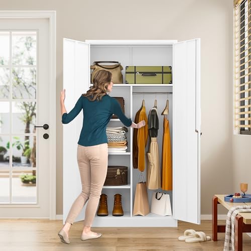 Wide & Deep Metal Storage Cabinet with Hanging Rod,White Broom Closet Storage Cabinet with Lock,72" Tall Wardrobe Cabinets with Doors and Shelves,Locking Steel Tool Cabinets for Home,Office,Garage - Image 5