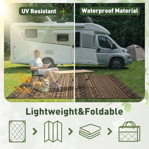 MontVoo Outdoor Rug Carpet Waterproof 9x12 Outdoor Patio Rug Mat Reverisble Plastic Straw Outdoor Rug for RV Camping Picnic Beach Balcony Boho Black Brown Large - Image 6