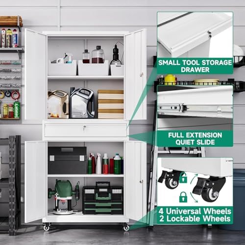 Letaya Metal Garage Storage Cabinet with Wheels,72“ Rolling Tool Cabinet with 4 Door Lock-Adjustable Shelves and Drawer for Garage Home Office Utility Room (White with Wheels) - Image 4
