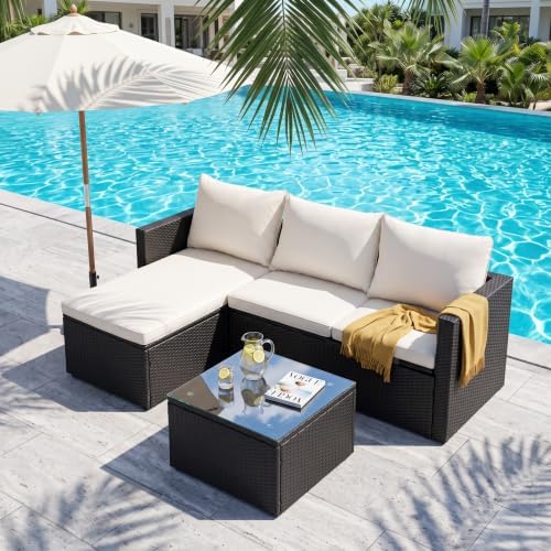 SUNLEI Patio Furniture Set with Detachable Soft Cushions, Outdoor PE Rattan Patio Conversation Sofa Set, 3-Piece Patio Sectional Sofa with Glass Coffee Table (Black Rattan&White) - Image 7
