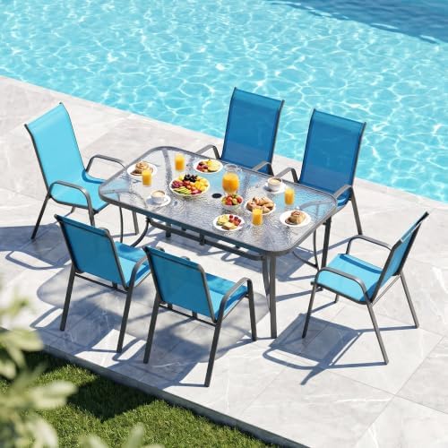 MAMIZO 7 Pieces Patio Dining Set for 6, Glass Table and Textilene Chairs by MAMIZO