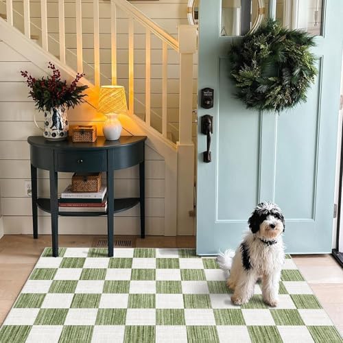 Green White Checkered Entry Rug - 3x5 Non-Slip Indoor Outdoor Rugs - Image 7