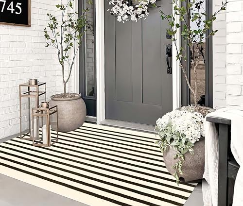 Outdoor Rug 3'x 5',Black and Beige Striped Front Porch Rug Entrance Decor - Image 4