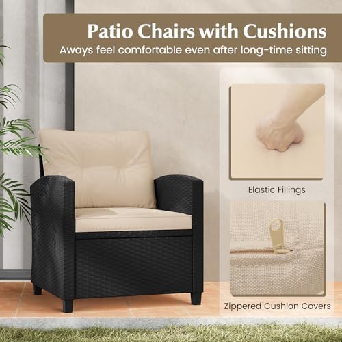 Tangkula 3 Piece Patio Furniture Set, Rattan Conversation Set w/Soft Seat & Back Cushions, Tempered Glass Topped Coffee Table, Cushioned Wicker Seating Set for Backyard, Porch, Poolside (Beige) - Image 6