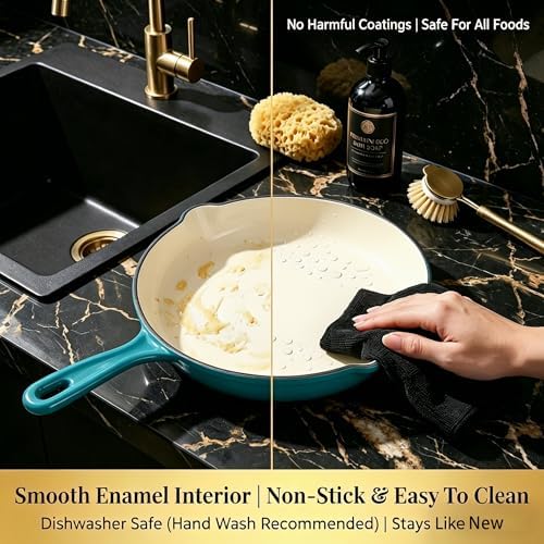 QuliMetal Enameled Cast Iron Cookware Set, 4-Piece Pots and Pans Set with Lids, 10.25" Skillet, 2QT Saucepan, 2.8QT & 4.8QT Dutch Ovens, Oven Safe to 500°F, All Stovetops Compatible - Teal - Image 4