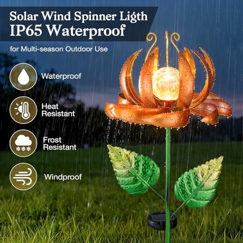 Solar Yard Lights Wind Spinners- Metal Lotus Flower Garden Decor LED Crackle Glass Globe Yard Art Sculpture Solar Stake Lights for Patio Pathway Lawn Walkway (Yellow-Large) - Image 5