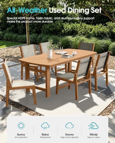Ciokea HDPE Outdoor Dining Set, Patio Table and 6 Stackable Chairs, Teak - Image 3