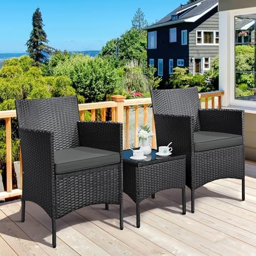 Yaheetech 3 Pieces Patio Porch Furniture Set, Outdoor PE Rattan Wicker Conversation Set with Soft Cushions, Glass Coffee Table & 2 Chairs for Garden/Deck/Courtyard/Poolside, Black/Gray - Image 2