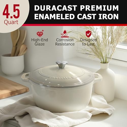 MUELLER HOME 4.5 QT Enameled Cast Iron Dutch Oven, Heavy-Duty Casserole Dish and Braiser Pan with Lid and Stainless Knob, Oven-Safe up to 500° F & Across All Cooktops, Oyster White - Image 2