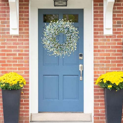 Sggvecsy Blue Daisy Wreath 24 Inch Spring Summer Fake Silk Floral Wreath with Green Eucalyptus Leaves and Lavender for Front Door Window Wall Wedding Farmhouse Festival Decor - Image 5