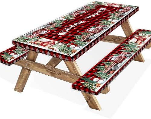 Christmas Picnic Table Cover with Bench Covers and Bag, Camping Essentials, Red Plaid Xmas Waterproof Windproof, Fitted Tablecloth Cover with Elastic Edge, for Indoor & Outdoor, 3 PCS, 30x72 Inch by Xguatan