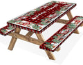 Christmas Picnic Table Cover with Bench Covers and Bag, Camping Essentials, Red Plaid Xmas Waterproof Windproof, Fitted Tablecloth Cover with Elastic Edge, for Indoor & Outdoor, 3 PCS, 30x96 Inch by Xguatan