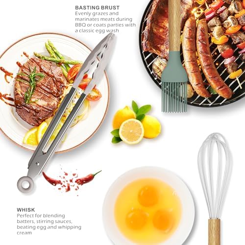 oannao Silicone Cooking Utensils Set - 446°F Heat Resistant Silicone Kitchen Utensils for Cooking,Kitchen Utensil Spatula Set w Wooden Handles, BPA FREE Gadgets for Non-Stick Cookware (Colorful) - Image 4