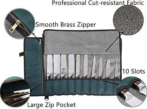 Denifiter Professional Chef's Knife Bag with Anti Cutting Fabric Inside, Heavy Duty 16oz Waxed Canvas Knife Roll, 11 Slots & Durable Handle Adjustable Shoulder Strap (Dark Green) - Image 3