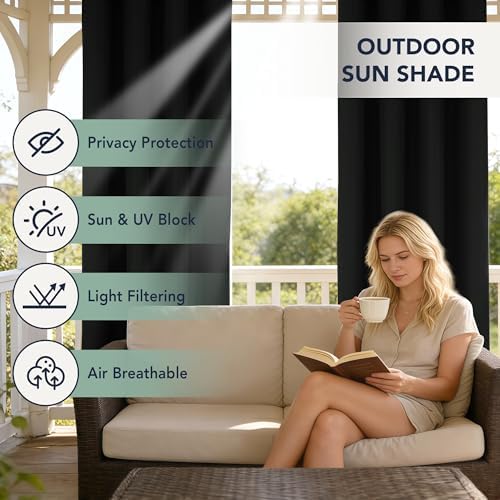 Black Outdoor Curtains for Patio Waterproof, 8 Drape Panels - Image 3