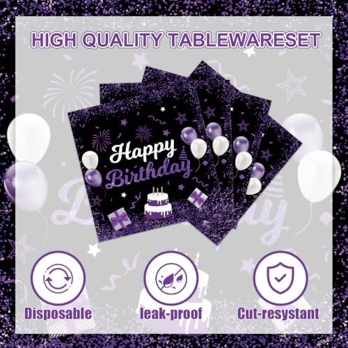 40Pcs Purple Glitter Black Happy Birthday Decorations Black and Purple Plates and Napkins Elegant Purple Black Birthday Supplies for Women Adult Milestone Birthday Party,Suitable for 20 Guests - Image 3